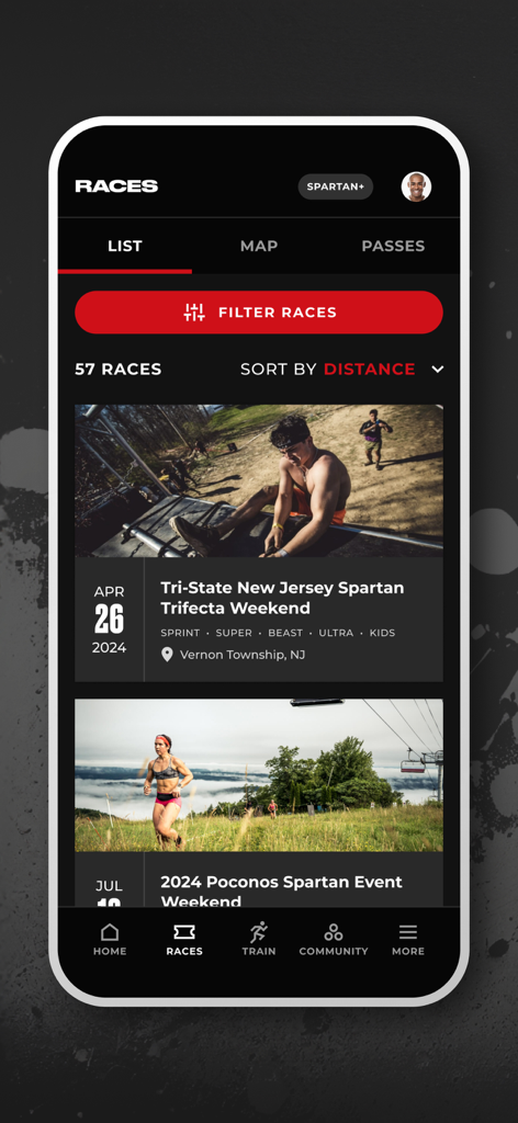A list of upcoming Spartan Race events and obstacle courses in the mobile application.