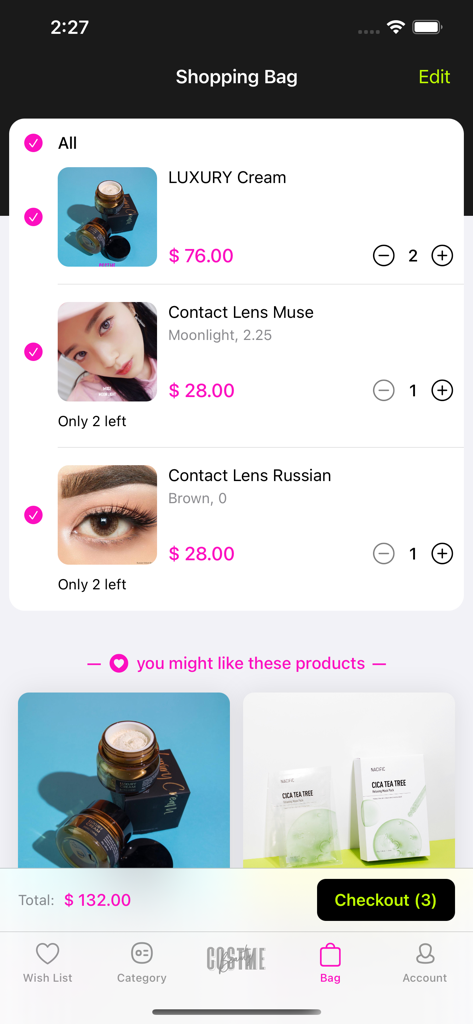 Costmebeauty - Shopping bag screen in the Costmebeauty beauty app with luxury cream and contact lenses ready for purchase