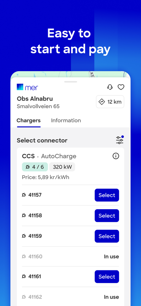 Mer Connect Norway - Mer Connect Norway app interface for selecting electric vehicle chargers and viewing prices