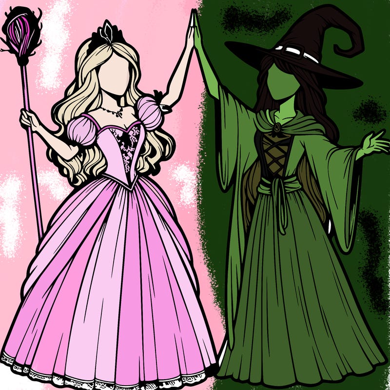 detailed realistic split of a princess and a witch