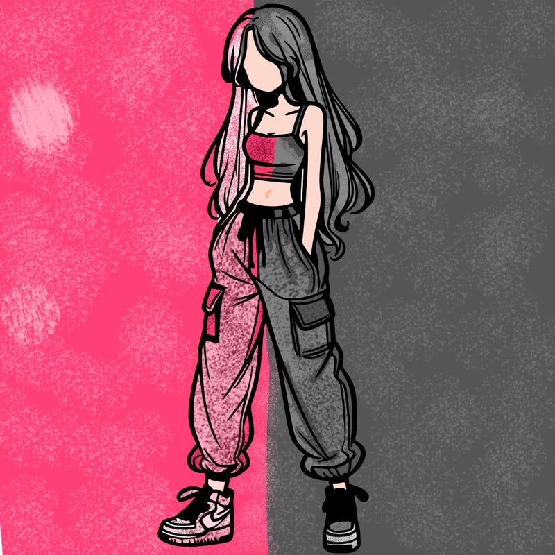 girl in baggy pants crop top and long hair