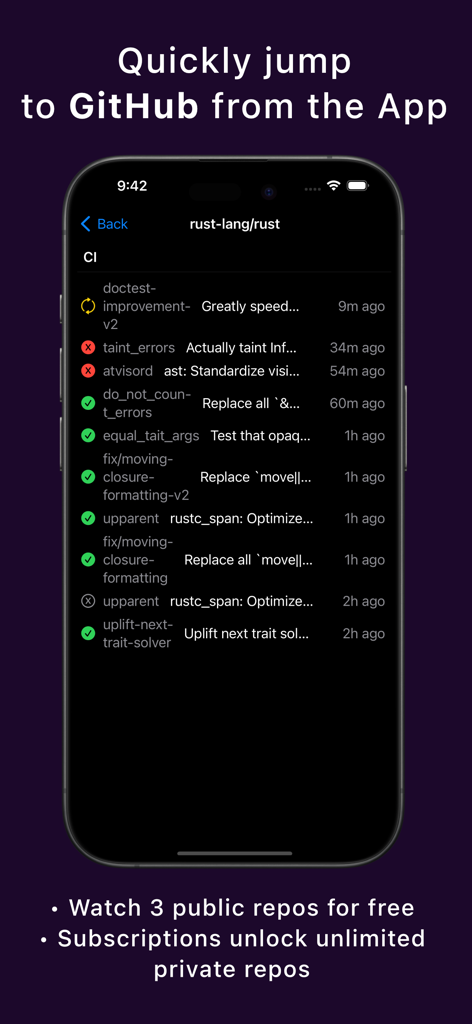 Test Reflector - iPhone screenshot showing GitHub Actions CI build statuses in the Test Reflector app