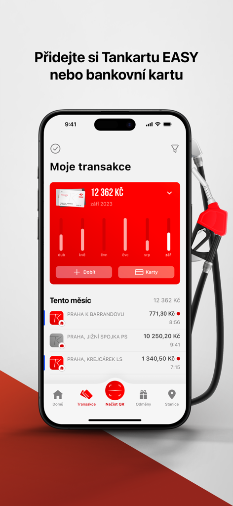 A smartphone displaying the transaction history screen of the ORLEN mobile app with a monthly spending chart and recent fuel station purchases.