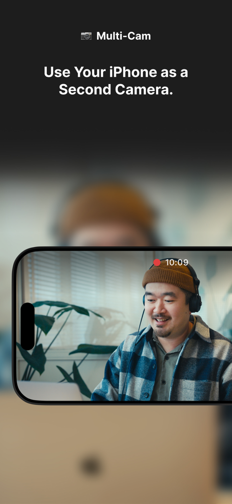 An iPhone being used as a second camera for a multi-cam recording in the Riverside app.