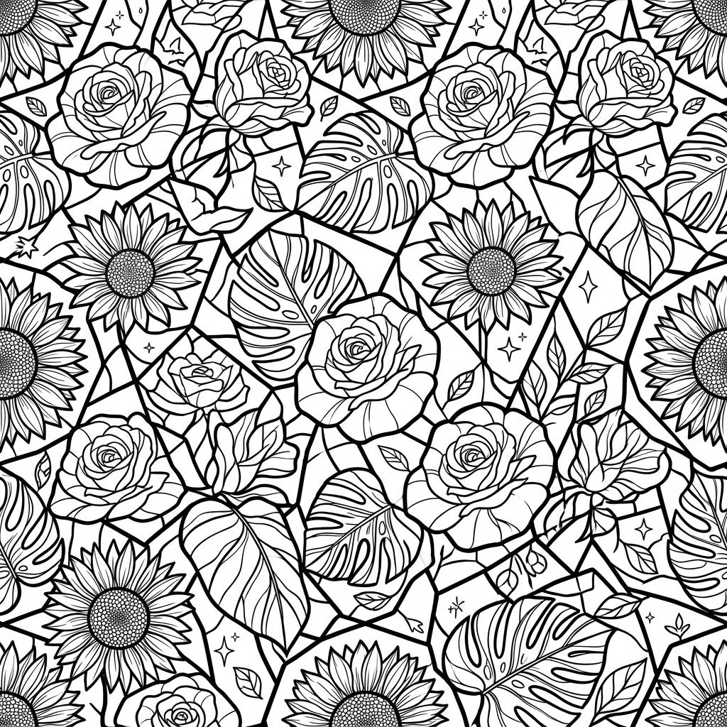 Stained Glass Flowers & Leaves Seamless Pattern Coloring Page