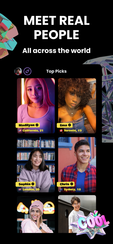 Un affichage de profils utilisateurs diversifiés de différents pays dans l'application de découverte sociale Renz