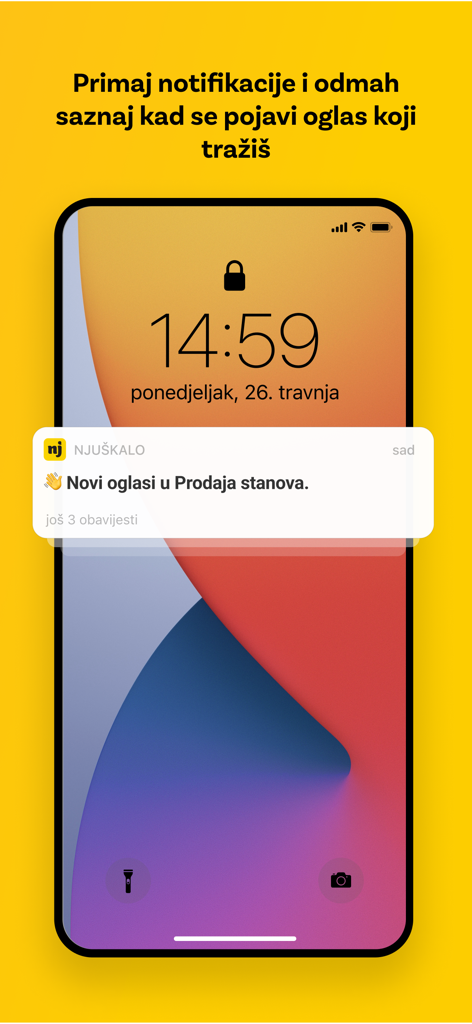 Njuškalo - Sperrbildschirm eines Smartphones, der eine Njuskalo App-Benachrichtigung für neue Immobilienangebote anzeigt.