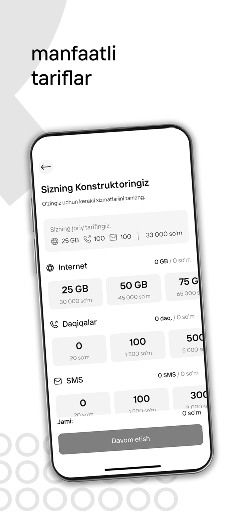 OQ mobile app interface showing a custom tariff builder for data and minutes