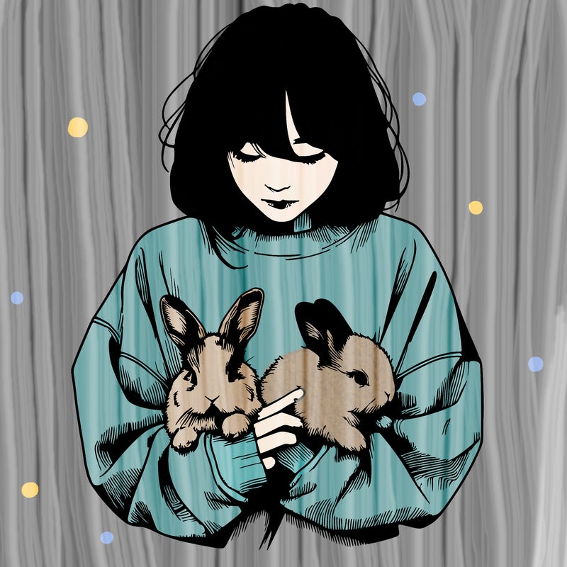 realistic girl with messy bunny baggy sweatshirt and holding bunnies