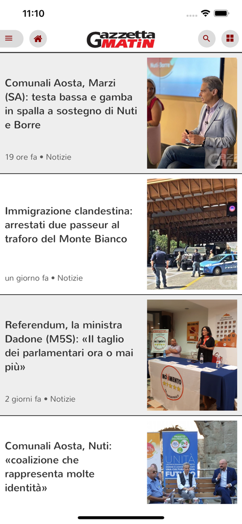 Gazzetta Matin - Valle d'Aosta - News interface of the Gazzetta Matin app with articles about Valle d'Aosta