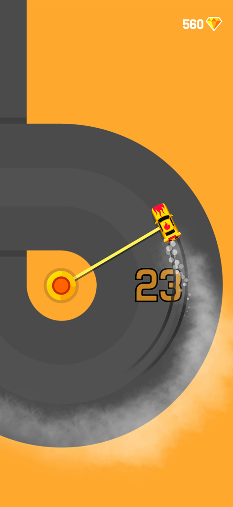 Un coche amarillo con calcomanías de llamas derrapando en una pista curva usando la mecánica de "sling".