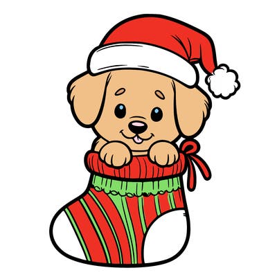 cute puppy wearing santa hat in socking