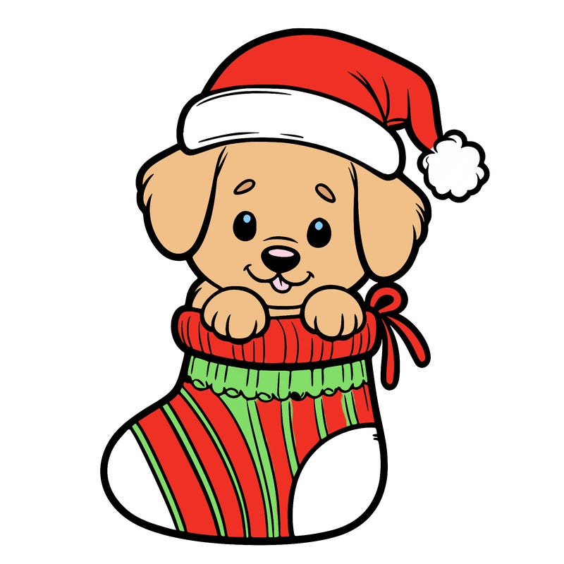 cute puppy wearing santa hat in socking