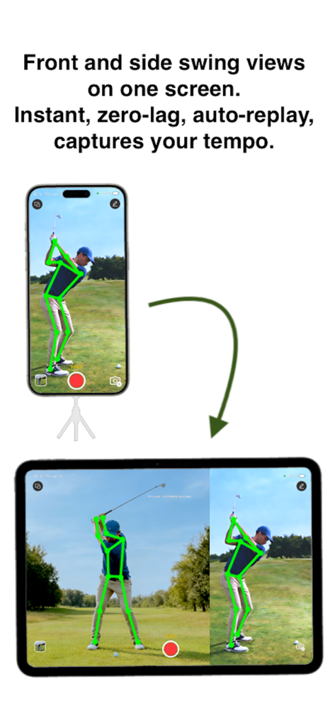 DualSwing app showing synchronized iPhone and iPad for dual-angle golf swing analysis with AI skeletal tracking