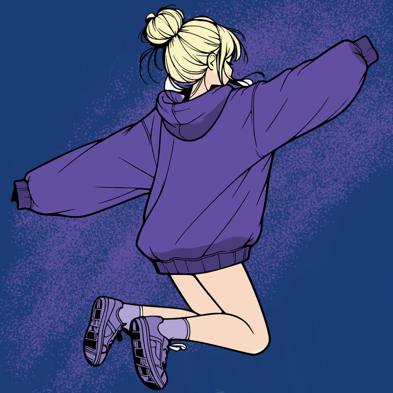 realistic girl jumping with a bun and oversized sweatshirt
