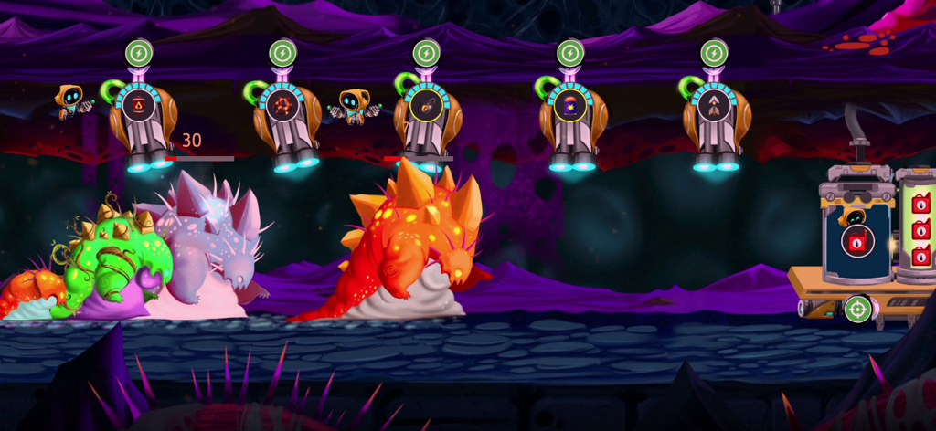 Illuminaria - Torretas de robots defendiendo una base contra monstruos coloridos y espinosos en una cueva oscura en Illuminaria