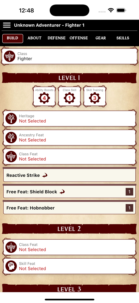 Pathbuilder 2e - Interface do aplicativo Pathbuilder 2e mostrando opções de criação de personagem e progressão de nível para um personagem lutador do Pathfinder 2e