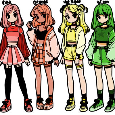 one girl with crop-top shirt and a jacket with a skirt, long socks and another girl with a shirt and pants with a jacket