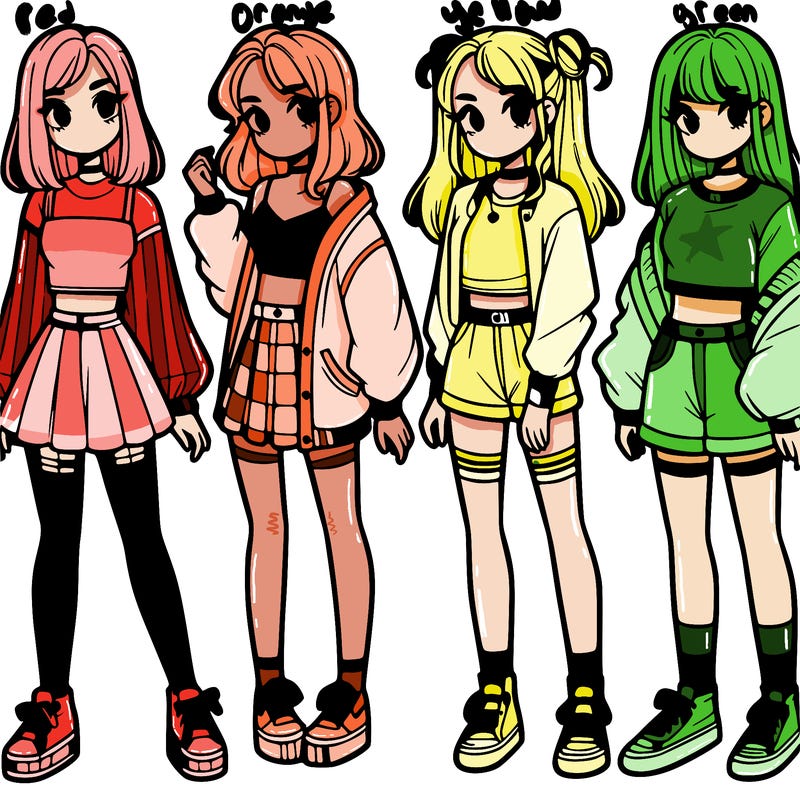 one girl with crop-top shirt and a jacket with a skirt, long socks and another girl with a shirt and pants with a jacket