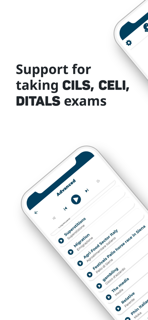 Mobile app interface showing advanced Italian lessons and support for CILS CELI and DITALS exams