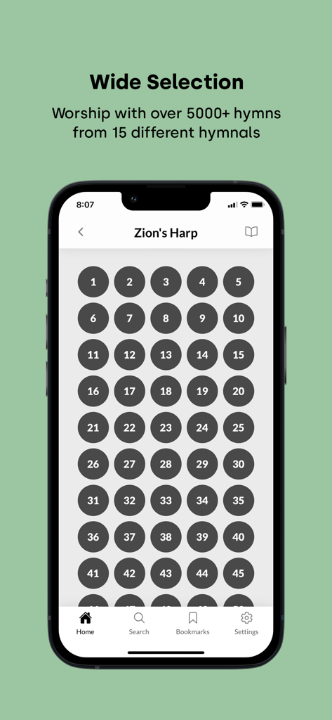 ACC Hymns - A selection screen for the Zions Harp hymnal in the ACC Hymns mobile app