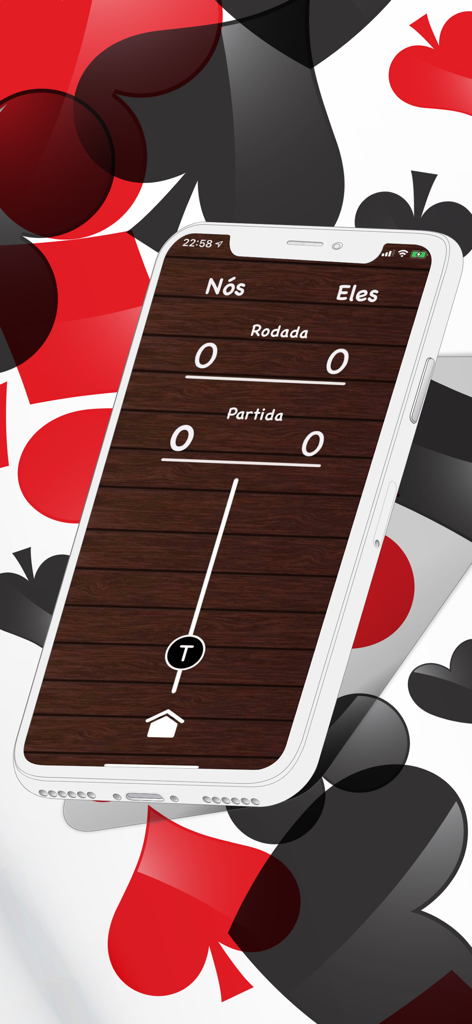 Truco Marcador • Conta Tento - A mobile app interface for tracking scores in the card game Truco with a wood texture background.