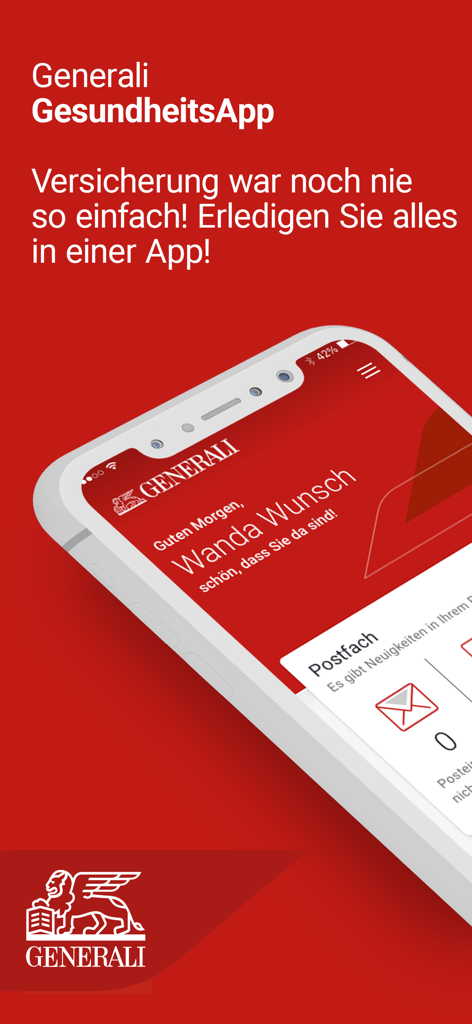 Smartphone displaying the Generali GesundheitsApp user interface with a red brand background