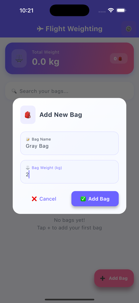 Bagga Calc app interface showing the Add New Bag modal with inputs for bag name and weight in kilograms