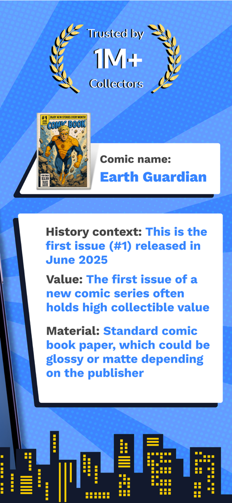 Comic Book Scanner Value - A screenshot showing the collectible value and history context for the Earth Guardian comic book within the app interface.