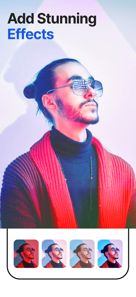 A man with sunglasses shown with different cinematic color filters in the SpeedPro app interface