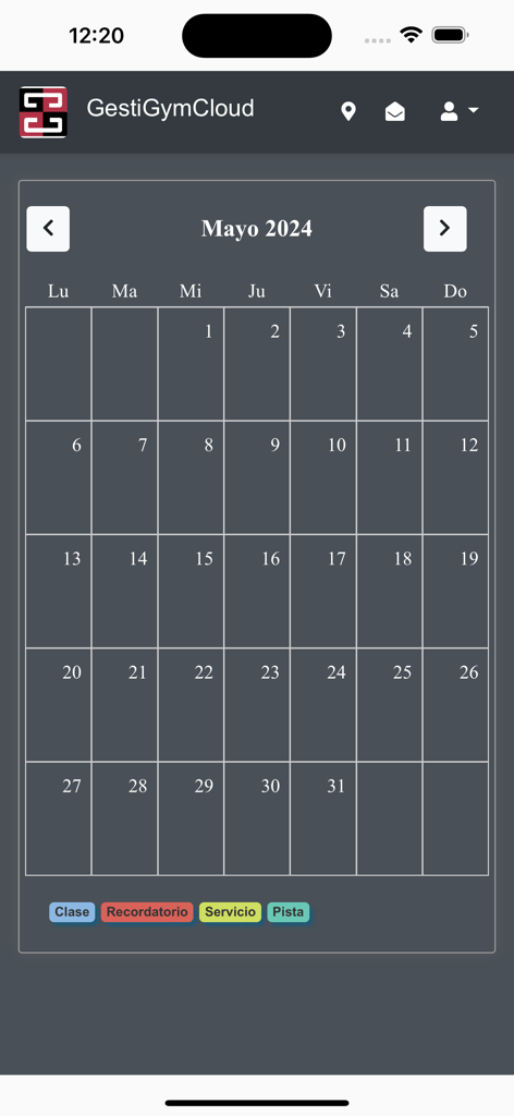 Calendario mensual de GestiGym Cloud para reservar clases y servicios de gimnasio