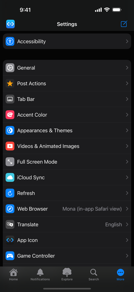 Mona Classic - Settings screen of the Mona Classic app showing options for accessibility, themes, iCloud sync, and game controller customization.