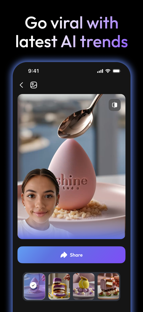 Nufa mobile app interface showcasing viral AI photoshoot filters and social media trends