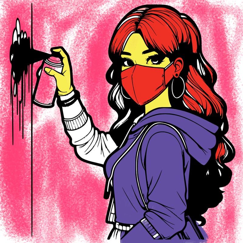 realistic girl with mask spray painting a wall