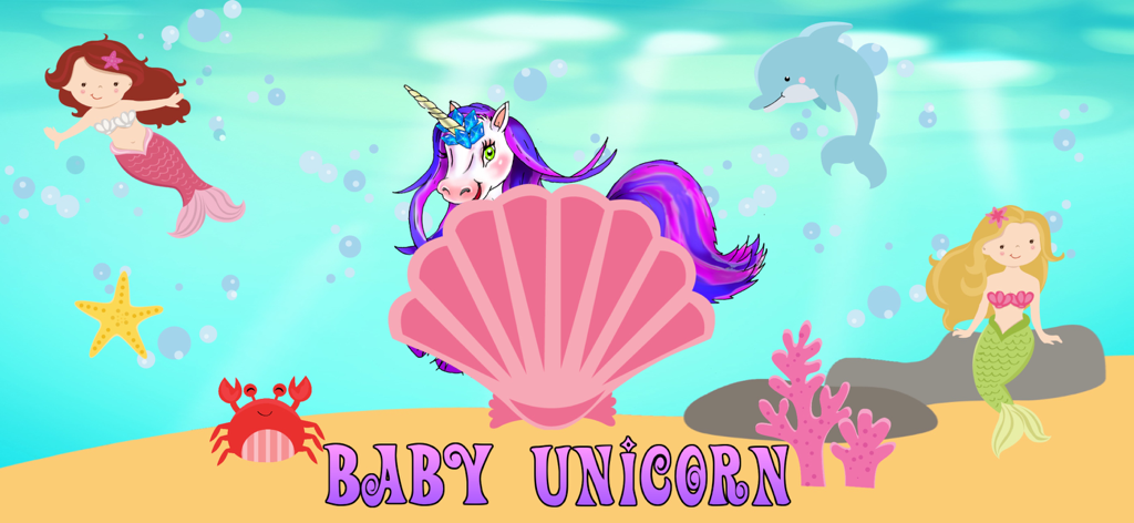 Educational underwater scene with a baby unicorn and mermaids in the Unicorn Games app