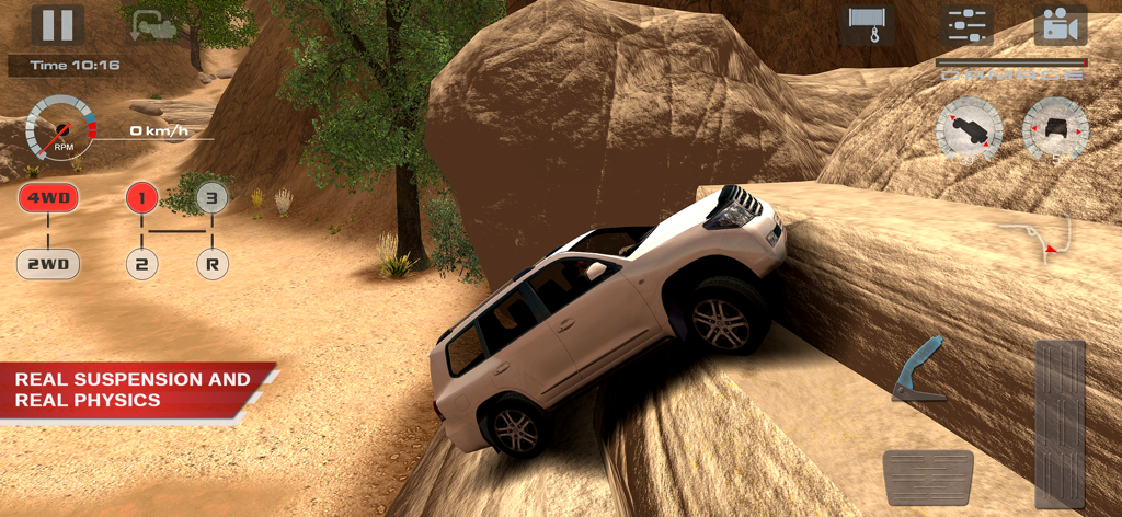 A white SUV navigating a steep rocky slope in the OffRoad Drive Desert technical simulation game