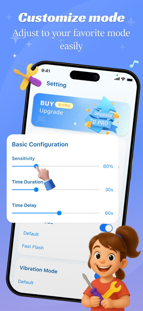 User interface of Amor AntiTheft app showing basic configuration options like sensitivity and time duration sliders.