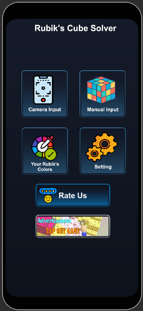 Easy 3x3 cube Solver - Main menu of the Rubik's Cube Solver app featuring camera input and manual input options
