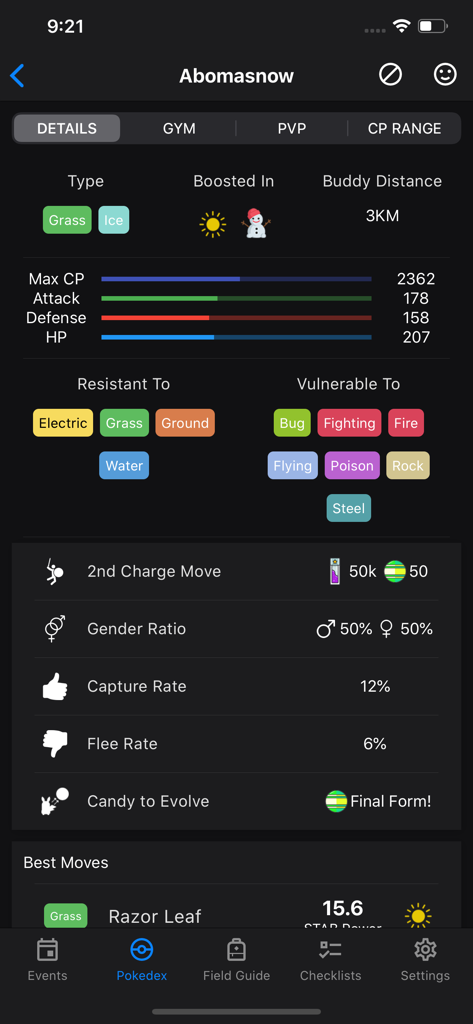 GO Field Guide - A detailed view of Abomasnow stats including type effectiveness and base attributes in the GO Field Guide app.