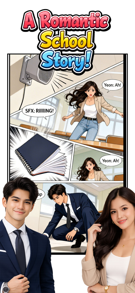 A romantic school story comic strip in manhwa style created with AI