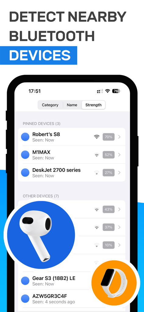 AirTracker - Find My Tracker - AirTracker app interface showing a list of detected Bluetooth devices with signal strength percentages