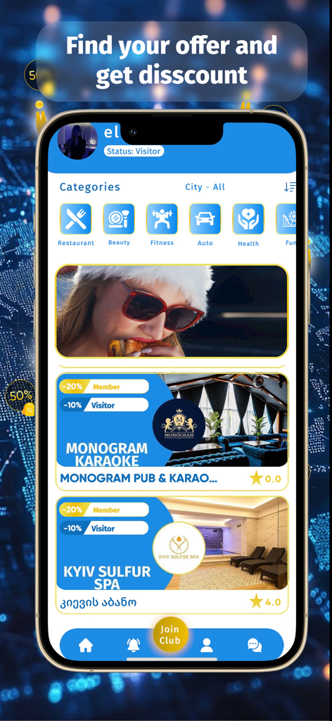 Interface da aplicação Club IGlobal com descontos exclusivos de estilo de vida e de negócios locais