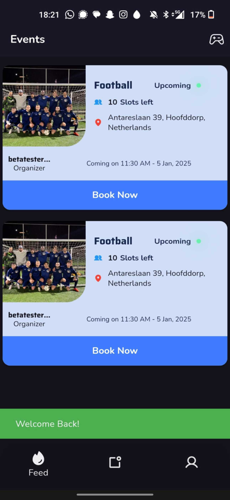 Tekkers - Mobile app screen showing a list of upcoming football matches available to book