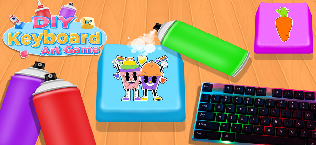DIY Keyboard: Fun Art Games 3D - Uma tela de jogo mobile criativa mostrando teclas de teclado sendo decoradas com spray e adesivos.