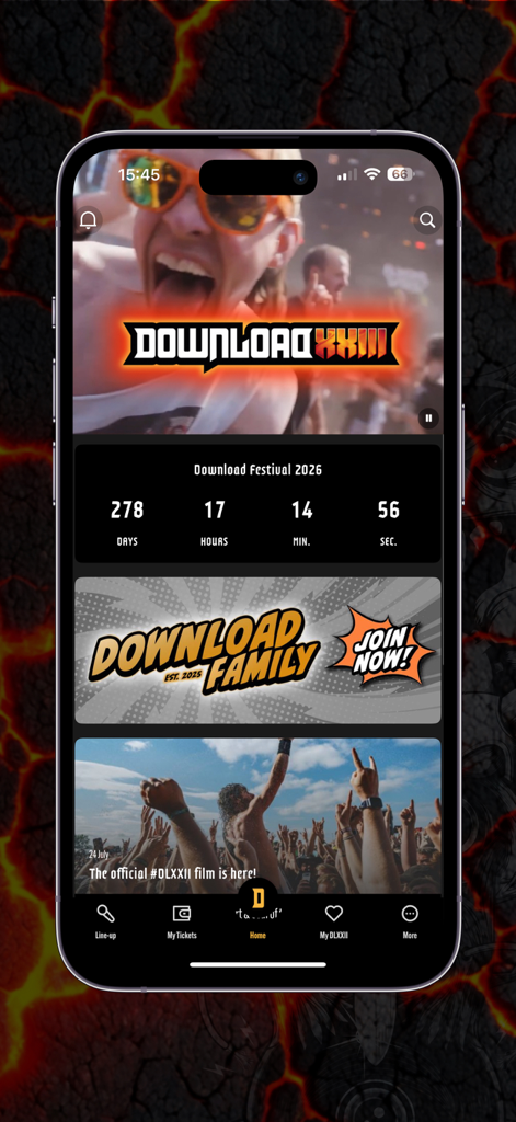 Download Festival - ダウンロード・フェスティバル・アプリのホームスクリーン。2026年イベントまでのカウントダウンタイマーと、ダウンロード・ファミリーコミュニティへの参加リンクが表示されている