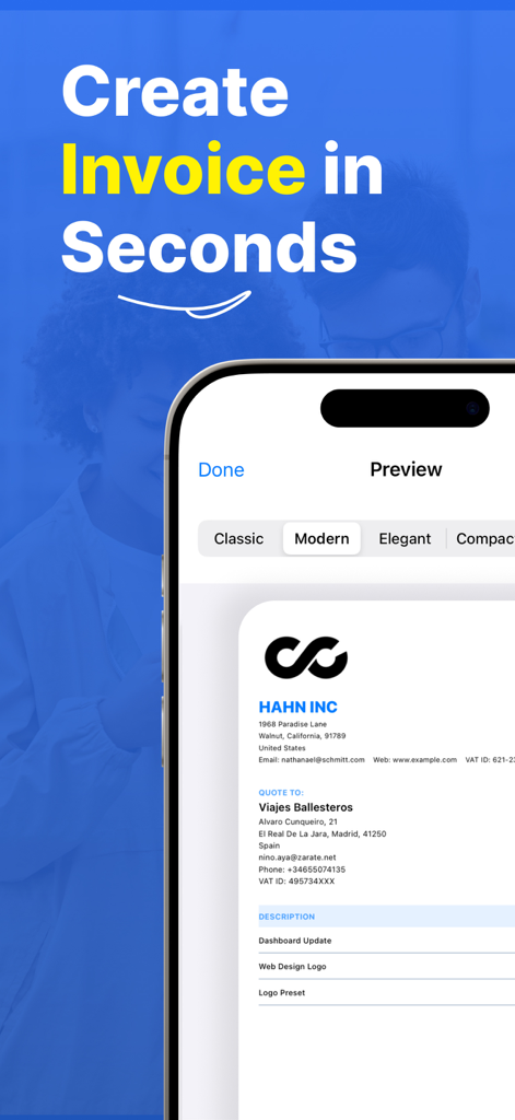 Invoice Maker & Quote - Simple - Mobile app interface showing a professional invoice preview and modern style templates