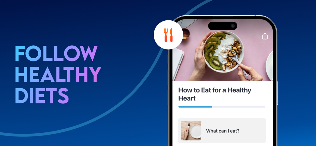 iPhone screen displaying a heart-healthy nutrition guide and meal suggestions in the Instant Heart Rate app.
