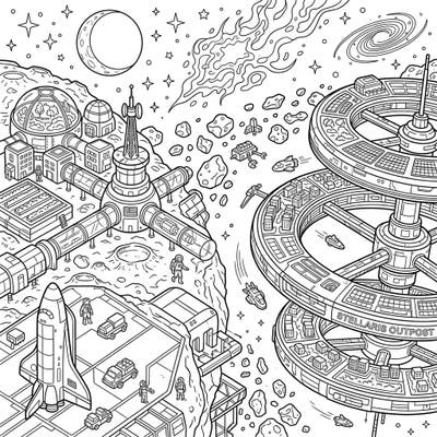 Embark on an epic coloring journey to a bustling space colony and its orbiting Stellaris Outpost. This intricate design invites you to bring a futuristic world to life with your favorite colors.