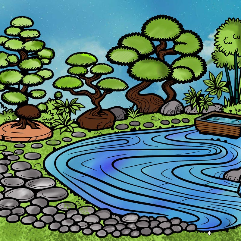 a serene zen garden with raked gravel, bonsai trees, and tranquil ponds