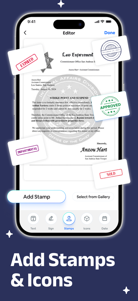 E signature app: Fill and Sign - Pantalla de iPhone que muestra una aplicación de firma electrónica con un documento marcado con sellos digitales como Aprobado, Vendido y Caducado